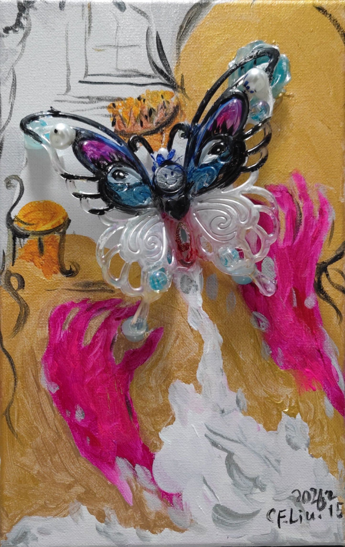 A Beauty Wearing Peach-Pink Gloves-Acrylic