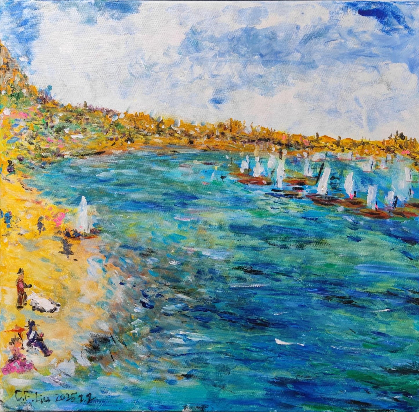 Beach with Sailboats-Acrylic