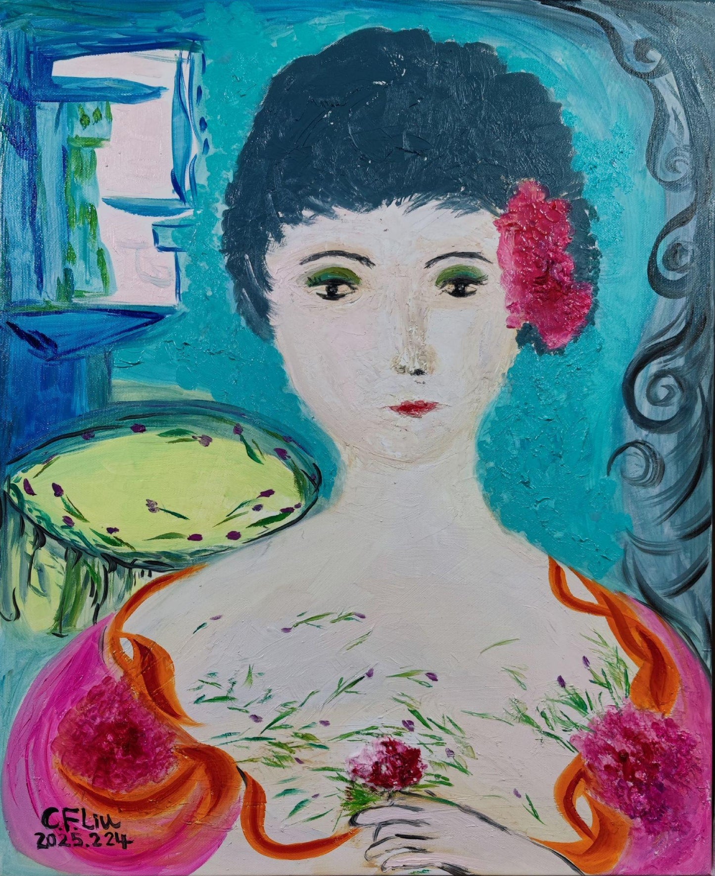 Girl Holding Flowers-Oil Painting