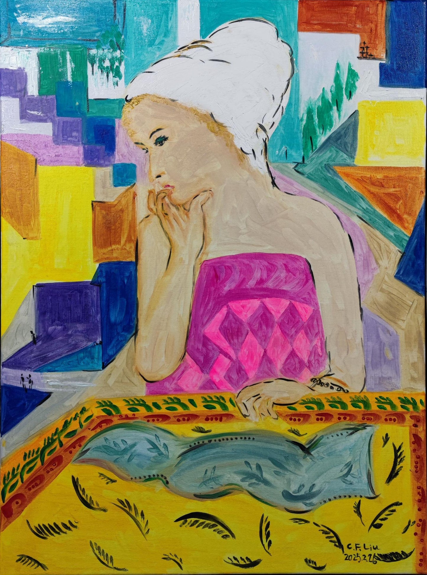 The Woman Wrapped in White Cloth-Oil Painting