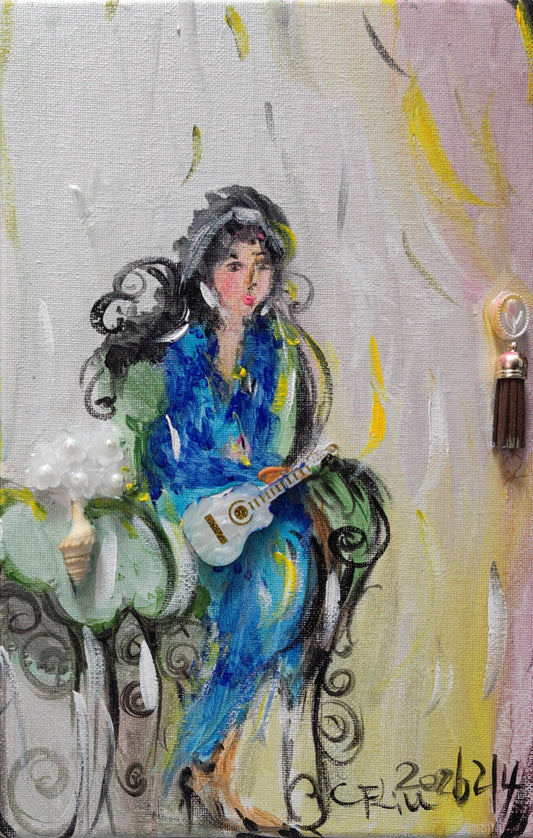 An Elegant Lady Holding a Small Guitar-Acrylic
