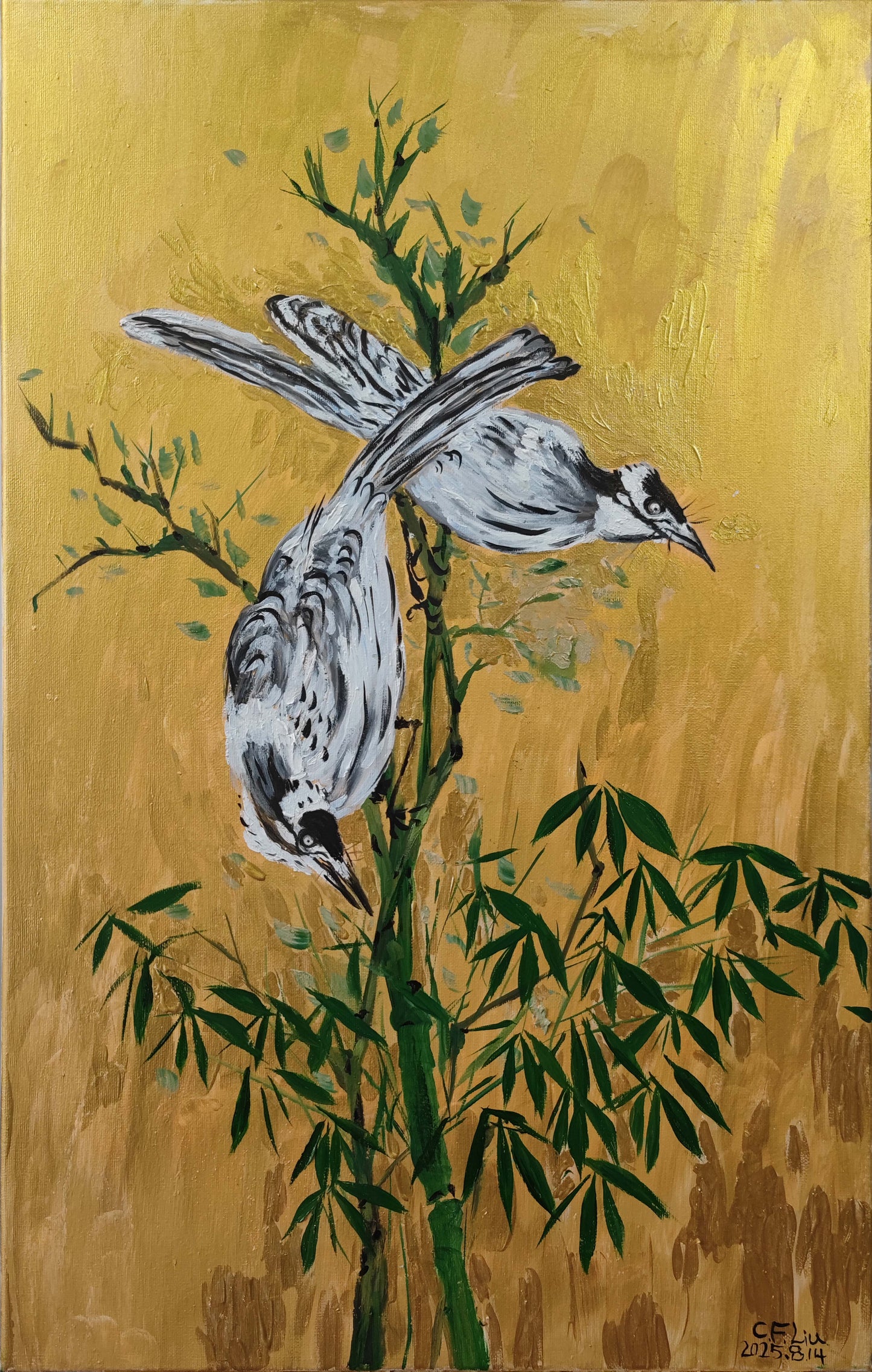 Painting of Bamboo, Trees, and Two Magpies-Oil Painting