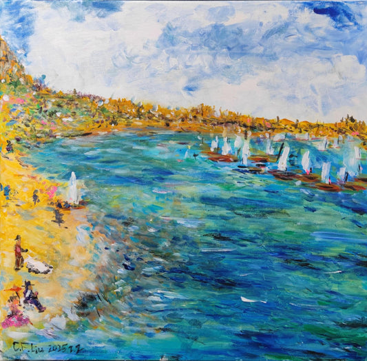 Beach with Sailboats-Acrylic
