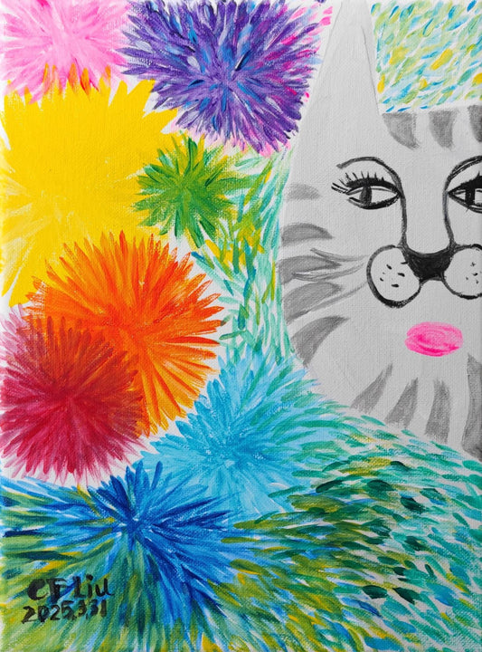 The Cat Beside the Wildflowers-Acrylic
