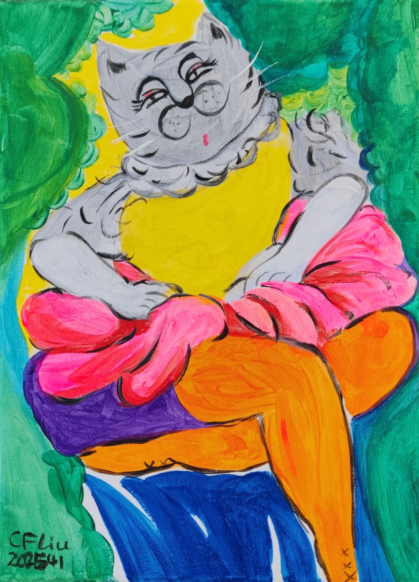 A Cat Wearing an Orange Silk Hat-Acrylic