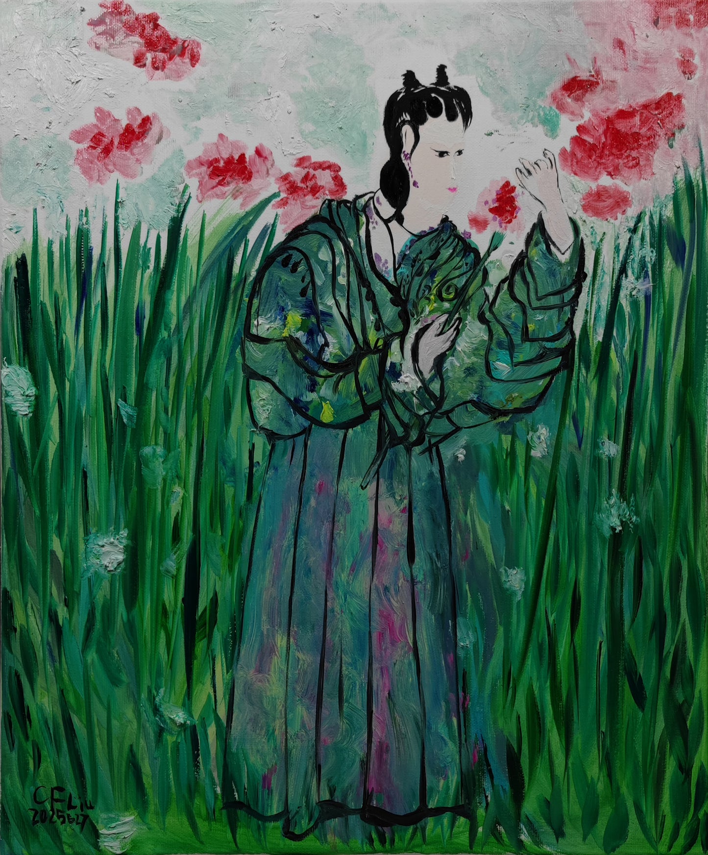 Enjoying Flowers-Oil Painting