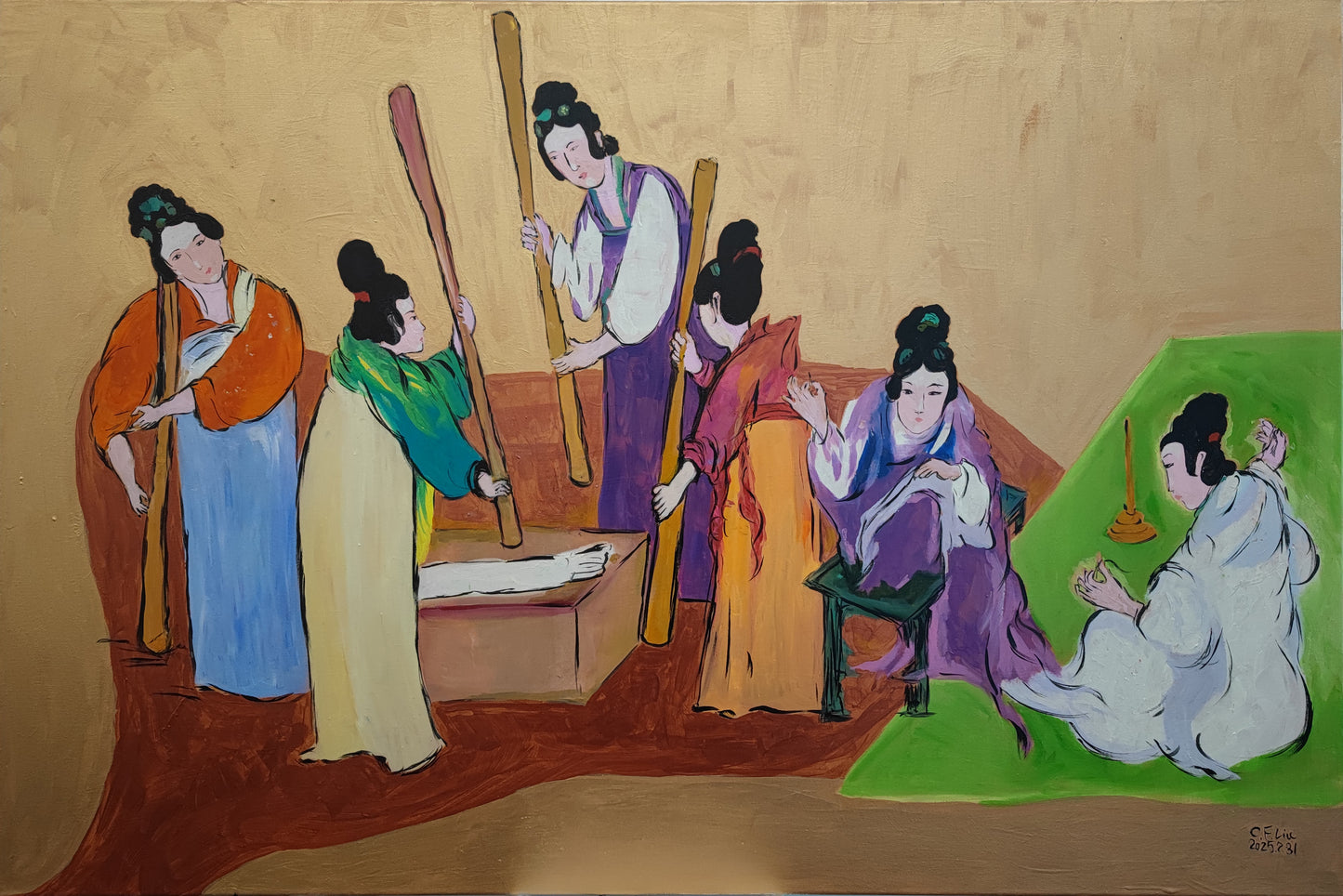 Palace Maids Pounding Silk, Weaving, and Sewing-Oil Painting