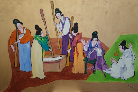 Palace Maids Pounding Silk, Weaving, and Sewing-Oil Painting