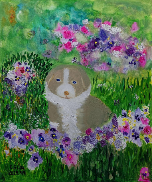 Puppies in the Flowerbeds-Oil Painting